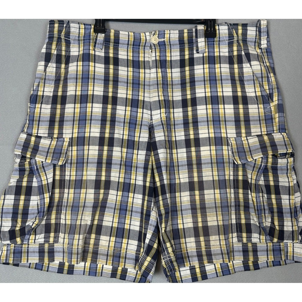 Polo Ralph Lauren Shorts Mens 40 Navy Yellow Cargo Plaid Flat Front Casual Logo